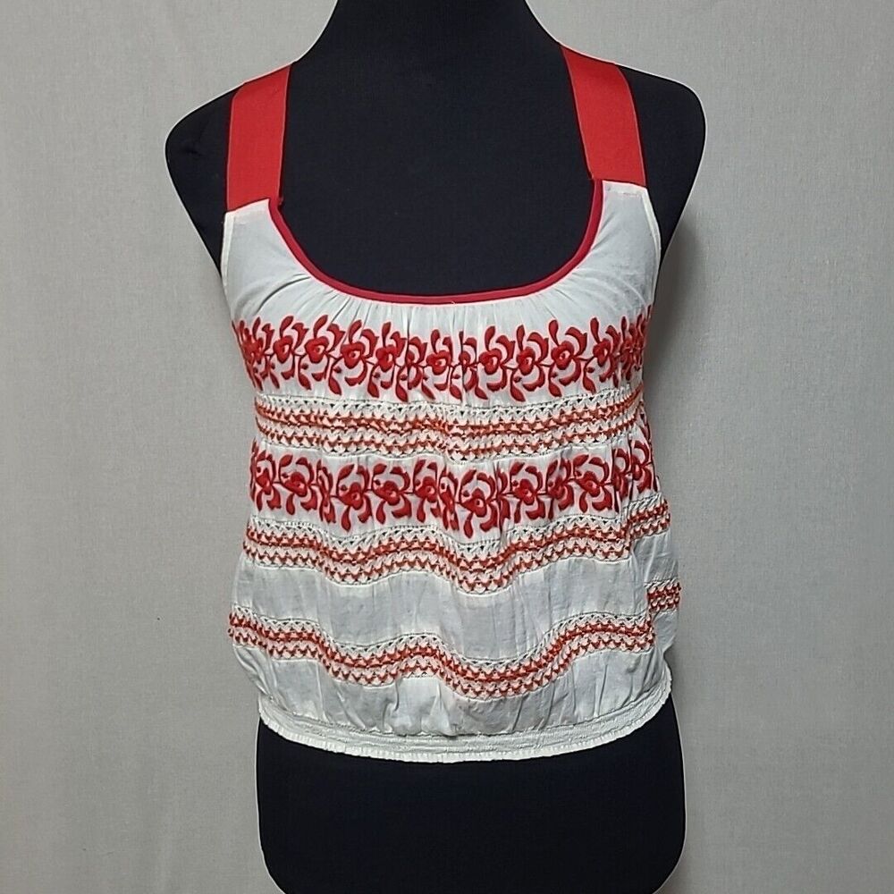UO Ecote Womens Size Medium Crop Tank Top Cotton Embroidered Lace White Red READ